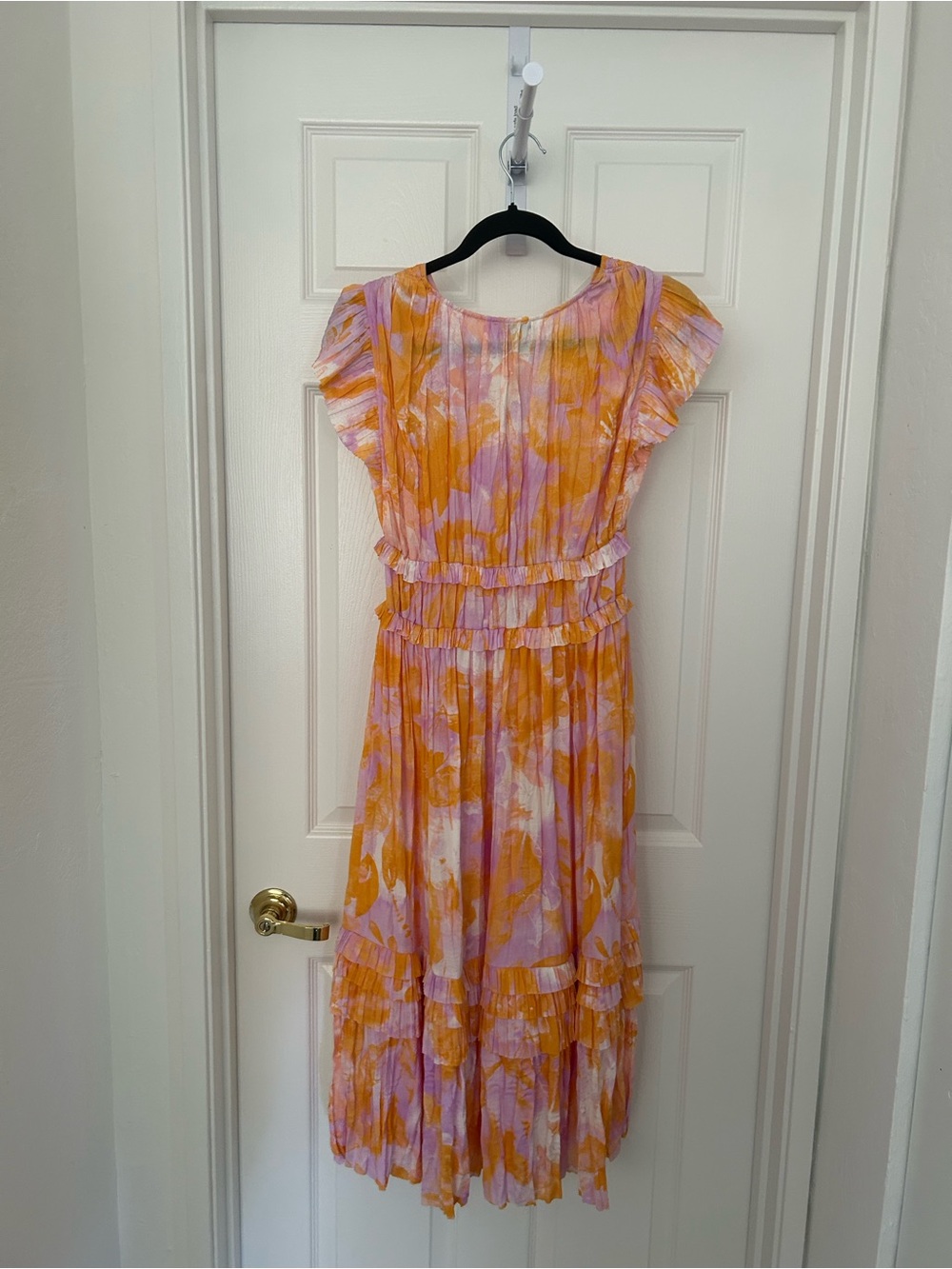 Current Air Orange and Lavender Floral Ruffle Midi Dress